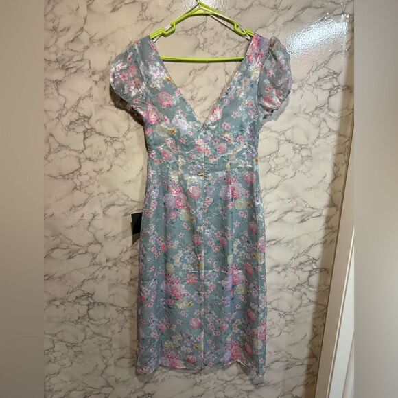 NEW LULUS Elegant Personality Slate Blue Floral Burnout Midi Dress Size S - Picture 10 of 13